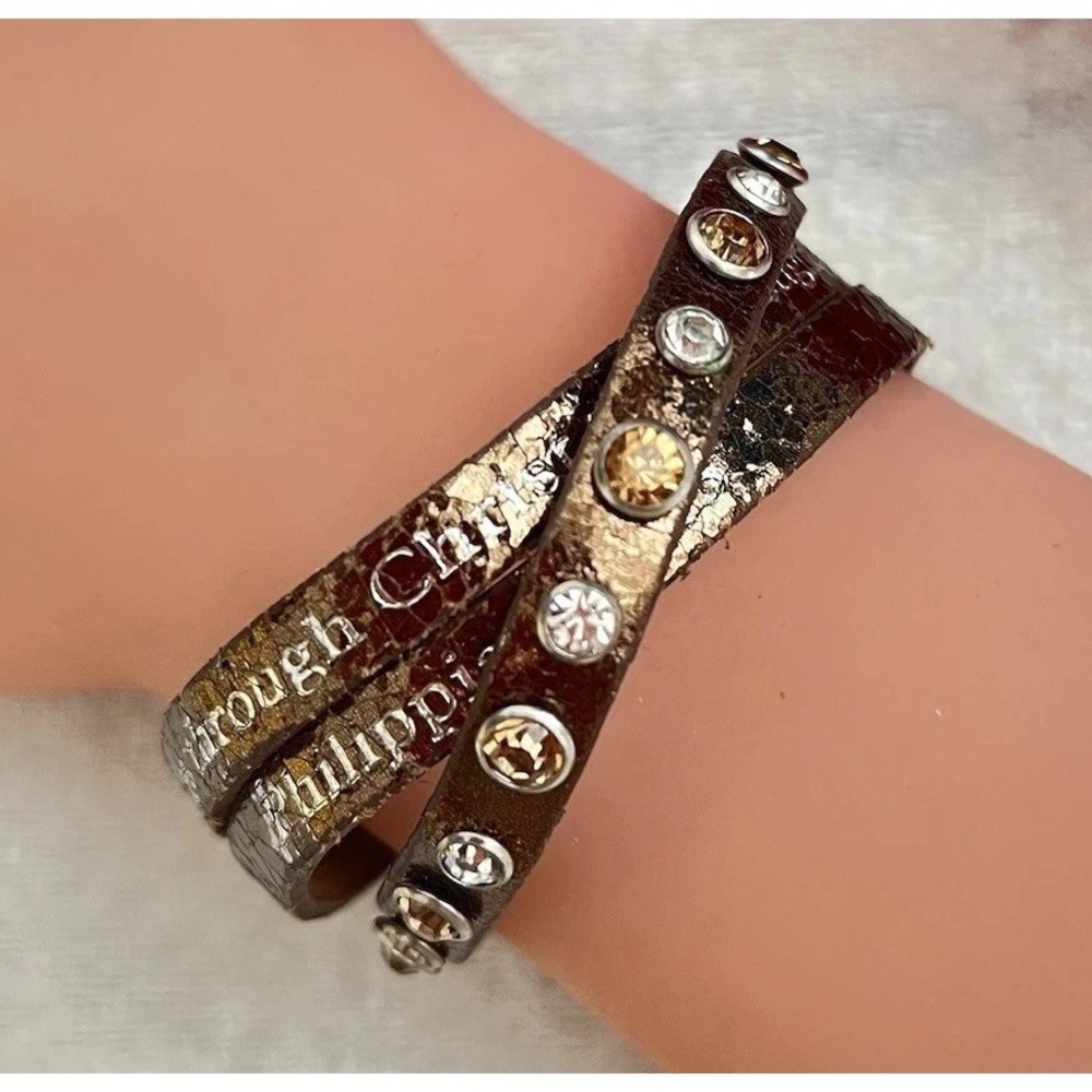 Good Works Magnetic Rhinestone Leather Straps Wrap Bracelet Religious Twisted